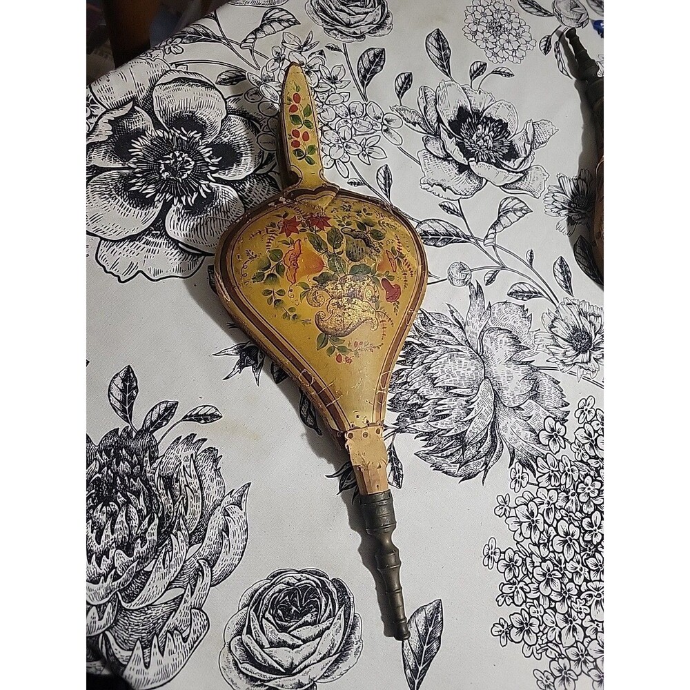 READ Antique Hand Painted Wood Brass and Leather Fireplace Fire Bellows Flowers